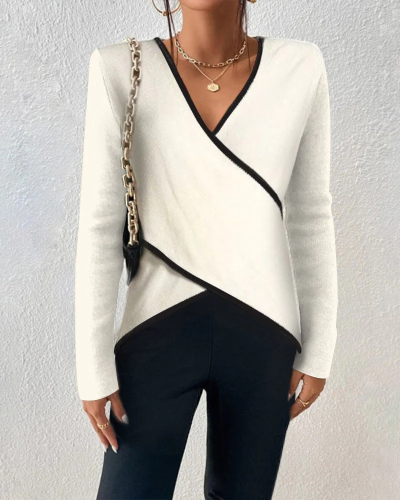 Women's Wrap Sweater - V-Neck - Long Sleeves - Asymmetrical Hem - Tailored Fit - Image 4