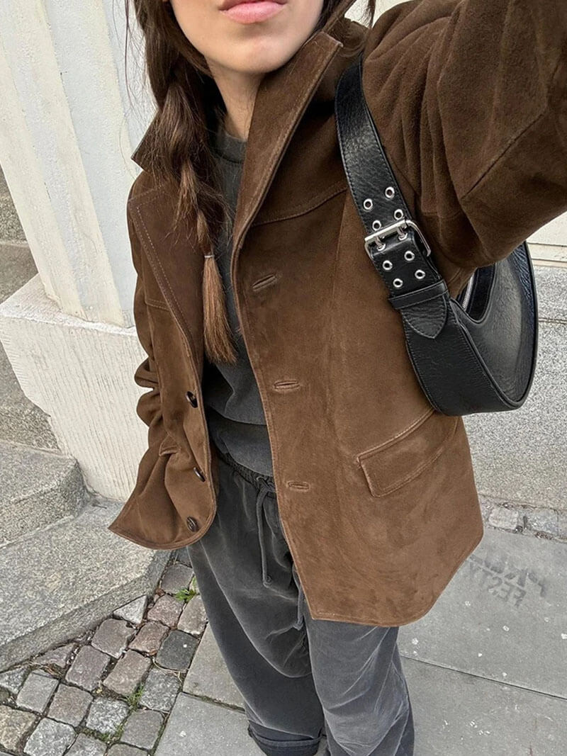 Retro artistic brown coat for ladies - casual with lapel collar - Image 10