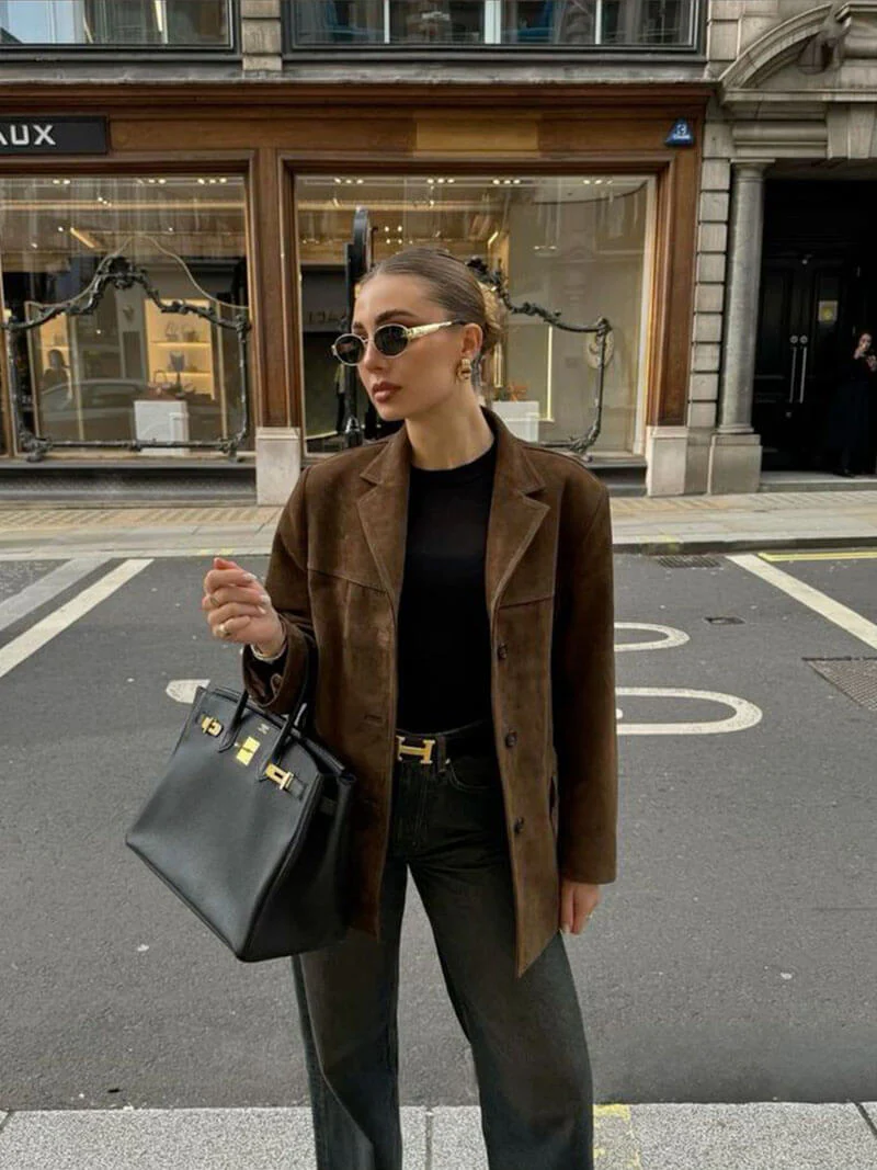 Retro artistic brown coat for ladies - casual with lapel collar - Image 12