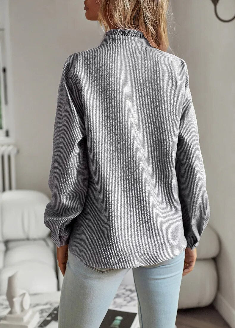 Women's Blouse - Ruffle Detail - Lightweight Texture - Long Sleeve - Classic Button Closure - Image 4