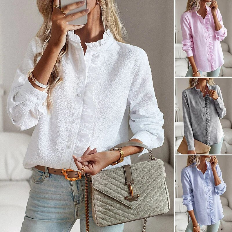 Women's Blouse - Ruffle Detail - Lightweight Texture - Long Sleeve - Classic Button Closure - Image 6