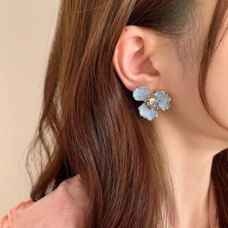 Women's Earrings - Statement Jewelry - Floral Design - Enamel Look - Large Size
