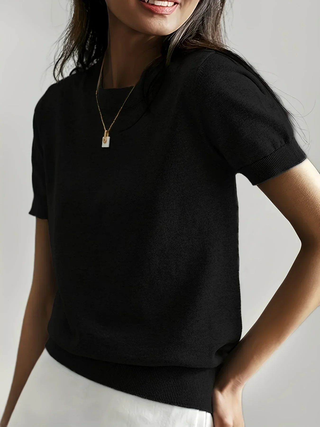 Women's Sweater Short Sleeve – Fine-Knit Cotton – Round Neck – Comfortable Fit - Image 4