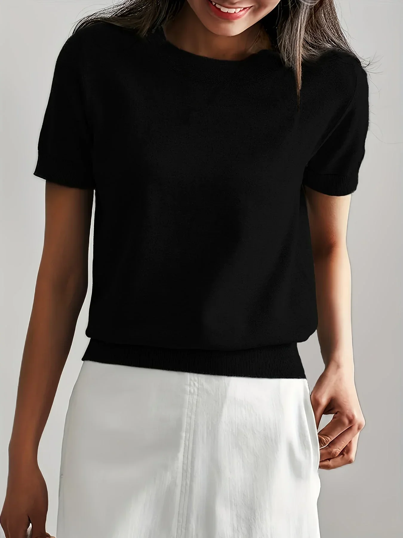 Women's Sweater Short Sleeve – Fine-Knit Cotton – Round Neck – Comfortable Fit - Image 5