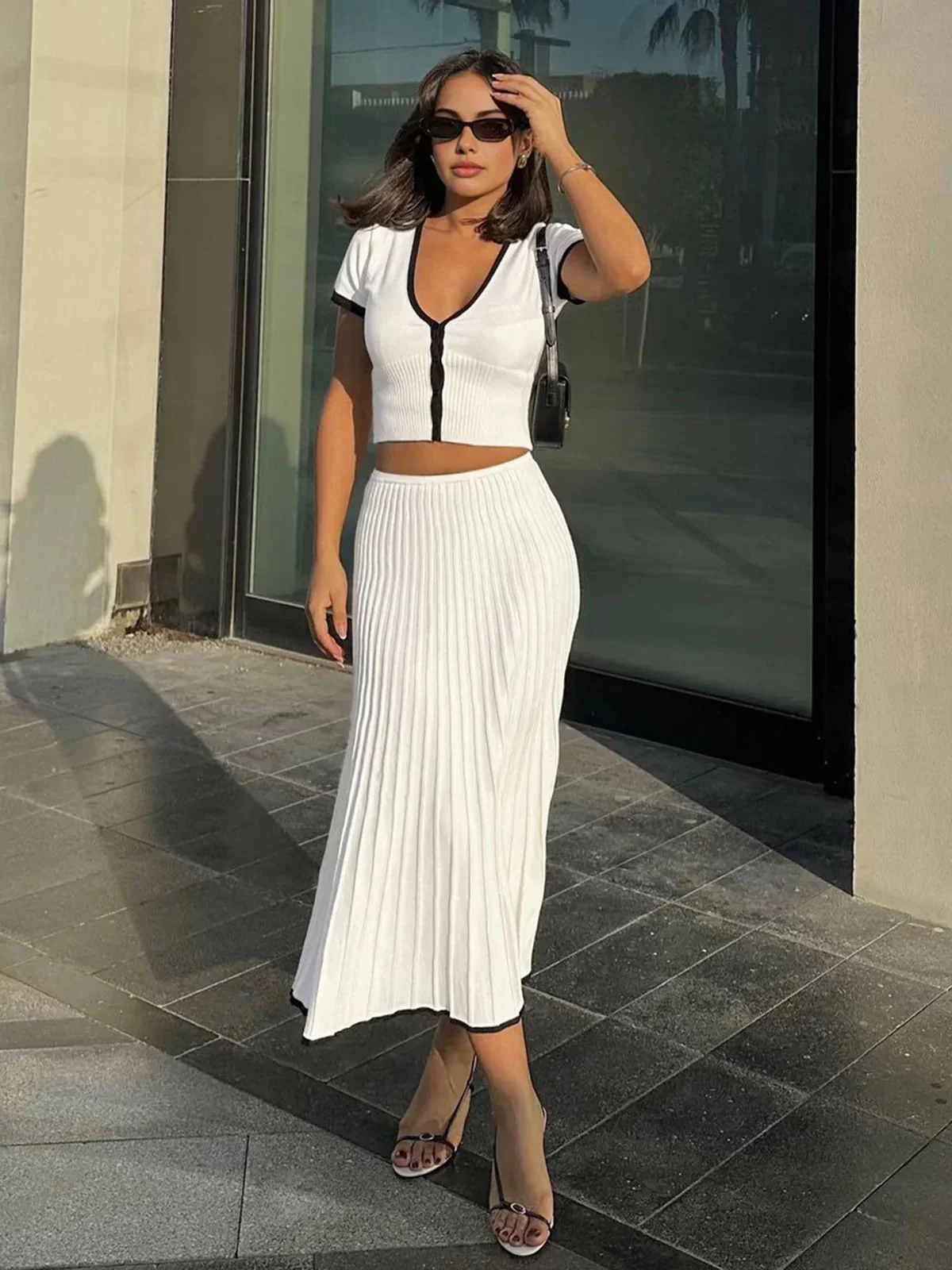 Ladies Set – Knitted Twinset – Crop Top V-neck – Midi A-line Skirt – Ribbed Fabric & Pleats - Image 2