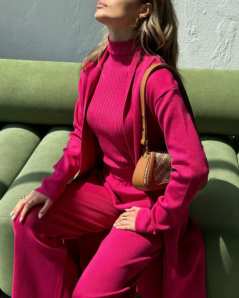 Women's Co-ords Set – Ribbed Turtleneck – Long Cardigan – Wide Pants – Comfort Fit - Image 4