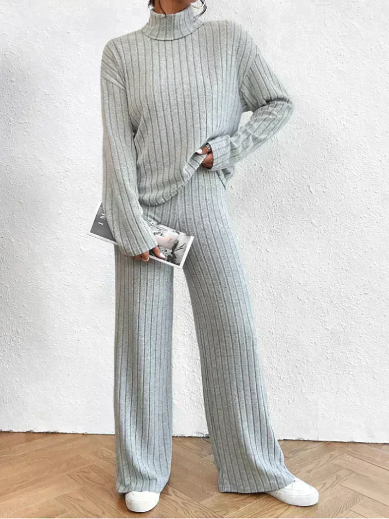 Women's Loungewear Set - Ribbed Cotton - Turtleneck Sweater - Wide Pants - Comfort Fit - Image 2
