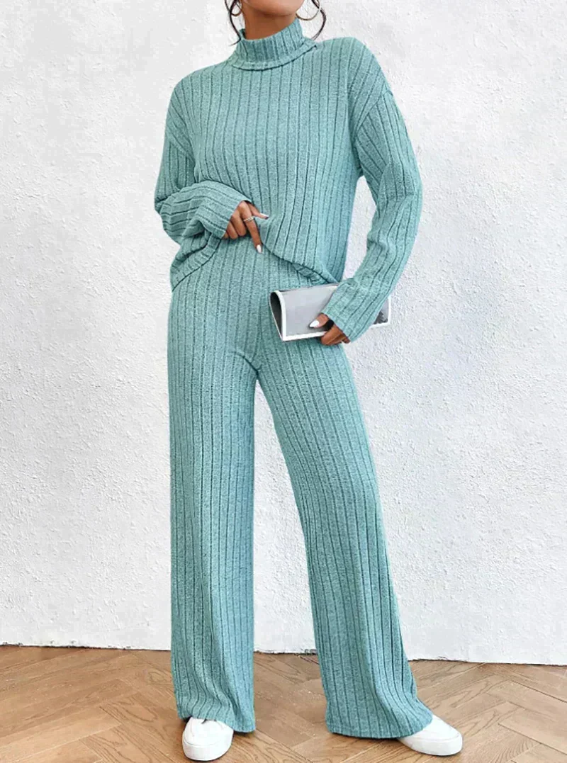 Women's Loungewear Set - Ribbed Cotton - Turtleneck Sweater - Wide Pants - Comfort Fit - Image 3