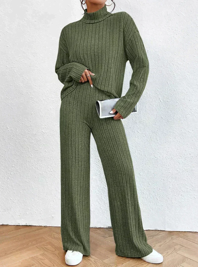 Women's Loungewear Set - Ribbed Cotton - Turtleneck Sweater - Wide Pants - Comfort Fit - Image 4