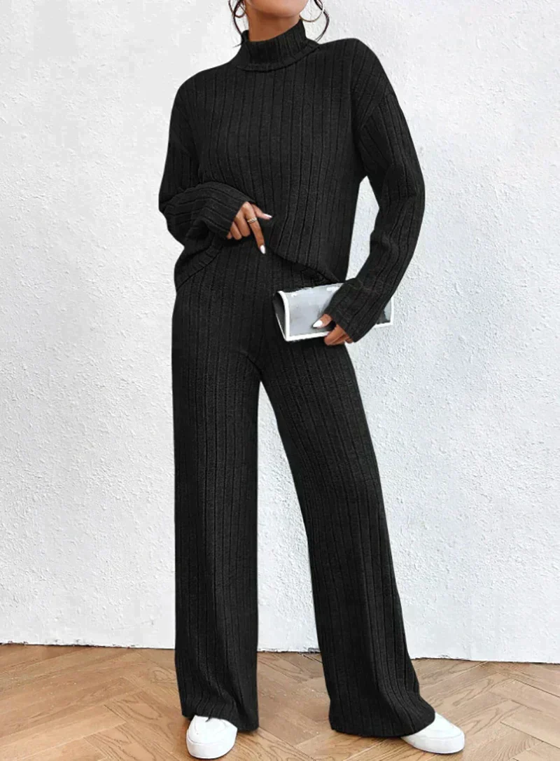 Women's Loungewear Set - Ribbed Cotton - Turtleneck Sweater - Wide Pants - Comfort Fit - Image 5