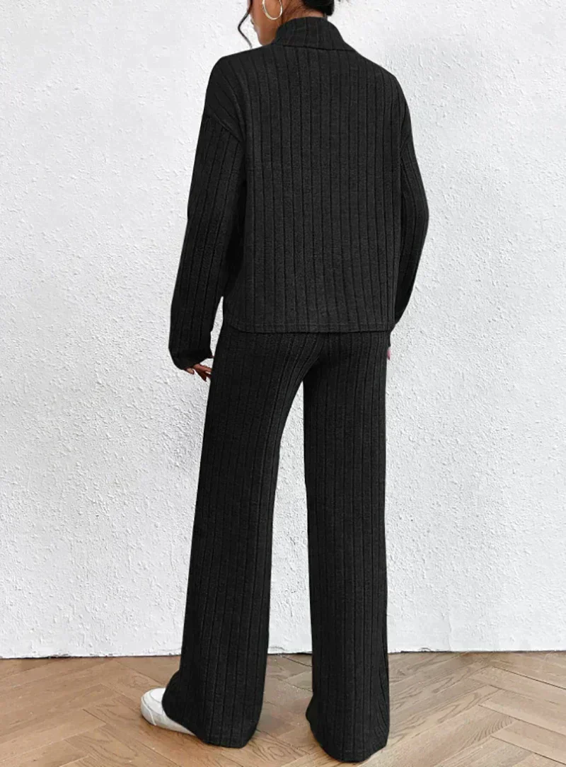 Women's Loungewear Set - Ribbed Cotton - Turtleneck Sweater - Wide Pants - Comfort Fit - Image 6