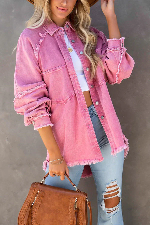 Women's Denim Jacket – Oversized Fit – Fringe Detail – Button Closure – Long Sleeves - Image 3