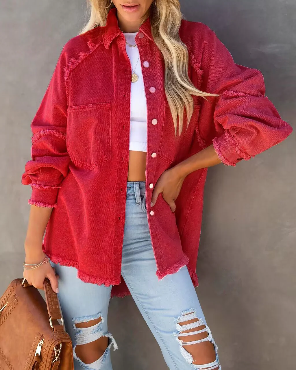Women's Denim Jacket – Oversized Fit – Fringe Detail – Button Closure – Long Sleeves - Image 5