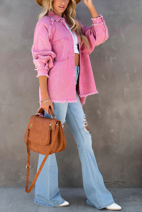 Women's Denim Jacket – Oversized Fit – Fringe Detail – Button Closure – Long Sleeves - Image 8