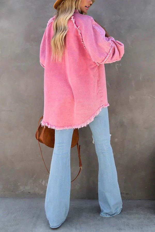 Women's Denim Jacket – Oversized Fit – Fringe Detail – Button Closure – Long Sleeves - Image 9