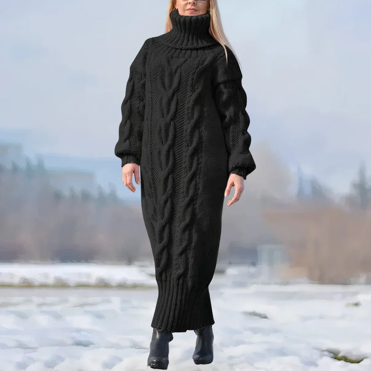 Women's Knitted Sweater Dress - Maxi Length - Turtleneck - Loose Fit - Cable Pattern - Image 2