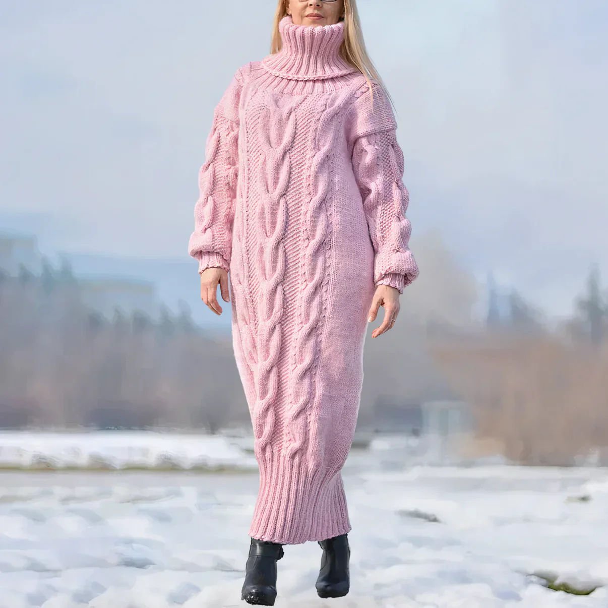 Women's Knitted Sweater Dress - Maxi Length - Turtleneck - Loose Fit - Cable Pattern - Image 3