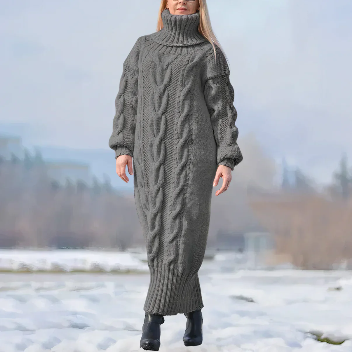 Women's Knitted Sweater Dress - Maxi Length - Turtleneck - Loose Fit - Cable Pattern - Image 4