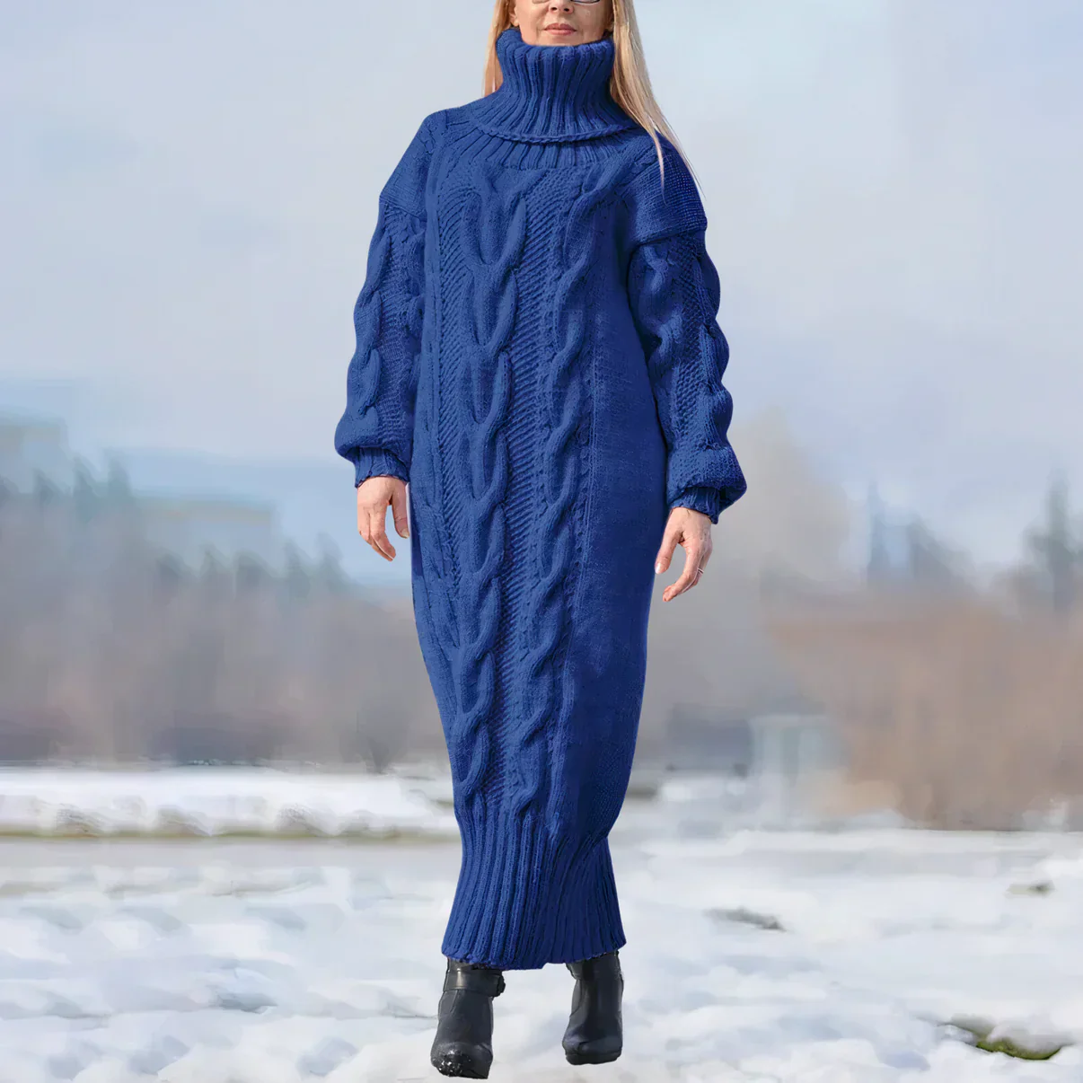 Women's Knitted Sweater Dress - Maxi Length - Turtleneck - Loose Fit - Cable Pattern - Image 5
