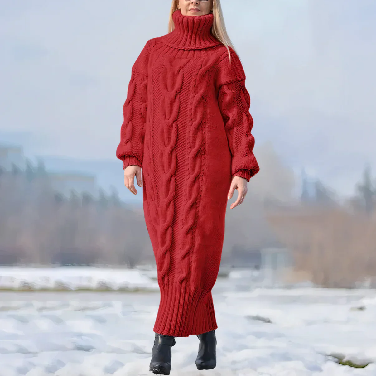 Women's Knitted Sweater Dress - Maxi Length - Turtleneck - Loose Fit - Cable Pattern - Image 6