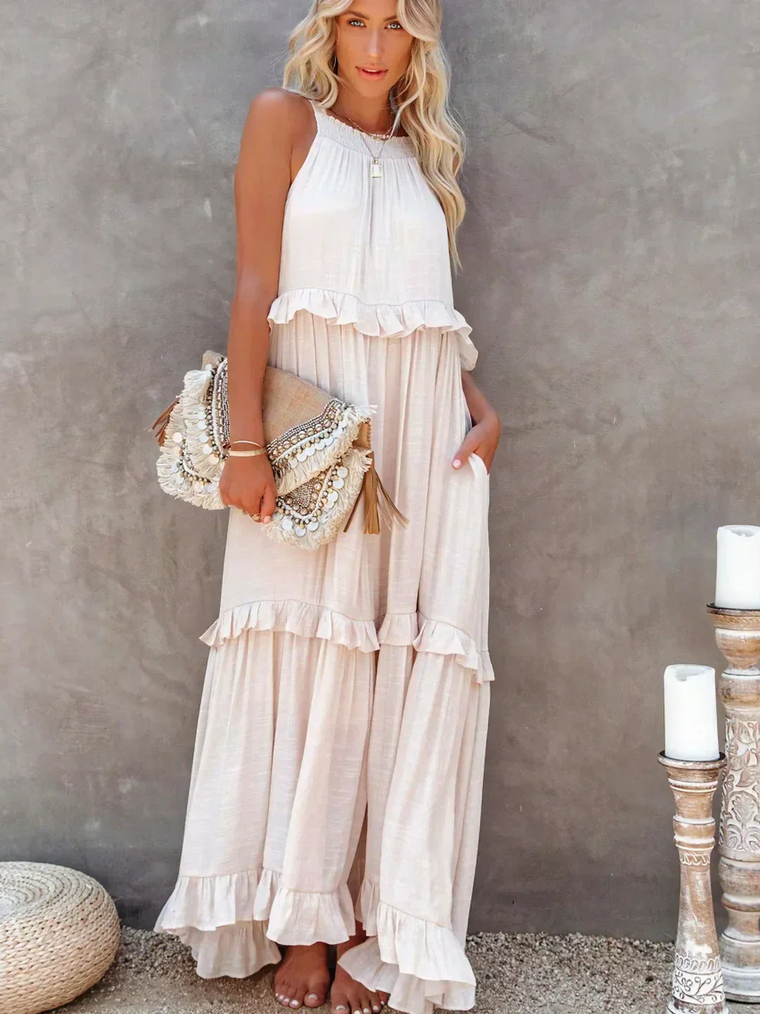 Ladies Maxi Dress – Sleeveless – Halterneck – Layered Skirt – Airy Fit - Image 2