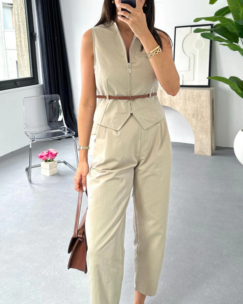 Women's Jumpsuit - Sleeveless - Tailored Fit - Zip Closure - Cropped Straight Leg - Image 2