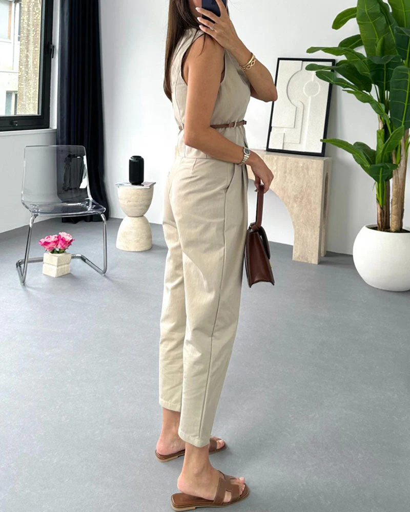 Women's Jumpsuit - Sleeveless - Tailored Fit - Zip Closure - Cropped Straight Leg - Image 3