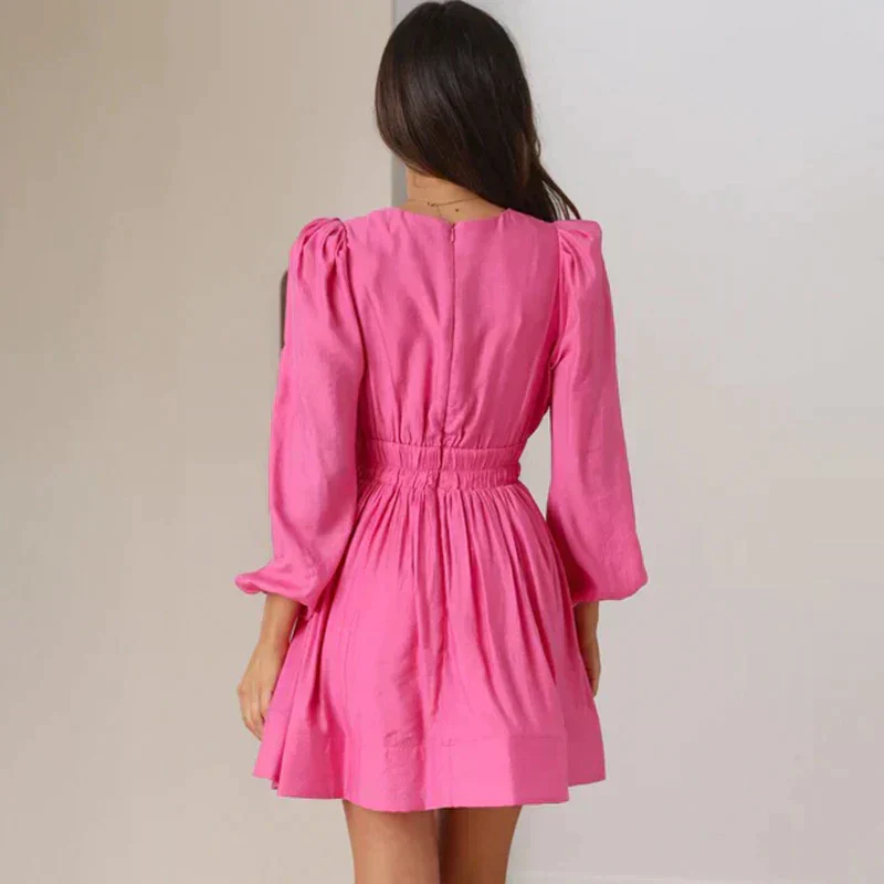 Women's Dress – Elegant V-Neck – Long Sleeves – Fitted – Flared Model - Image 2