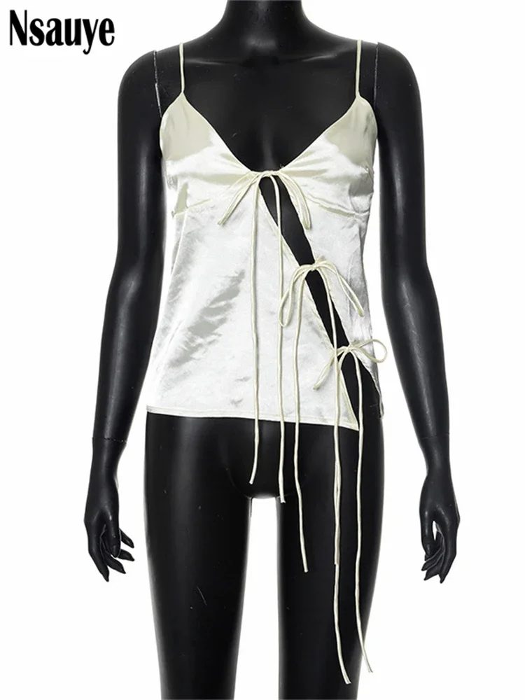 Ladies Camisole Top – Satin-Look – Deep V-Neck – Spaghetti Straps – Front With Bow - Image 3