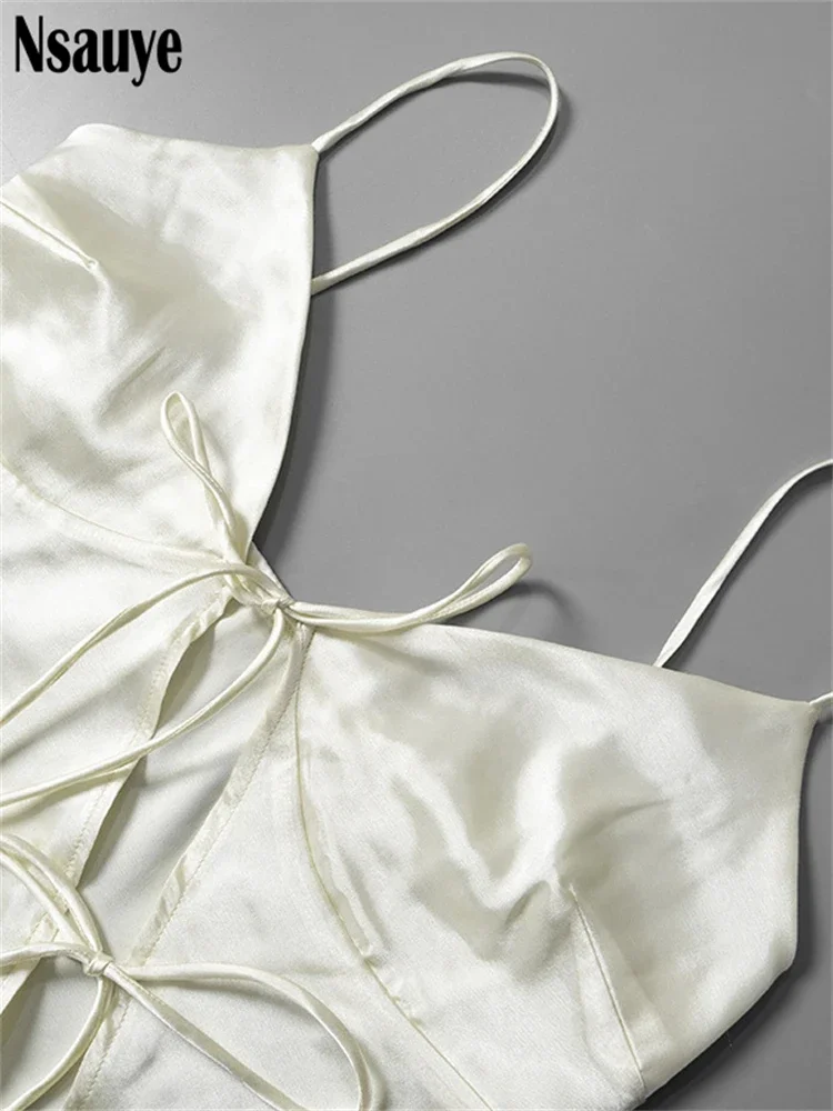 Ladies Camisole Top – Satin-Look – Deep V-Neck – Spaghetti Straps – Front With Bow - Image 4