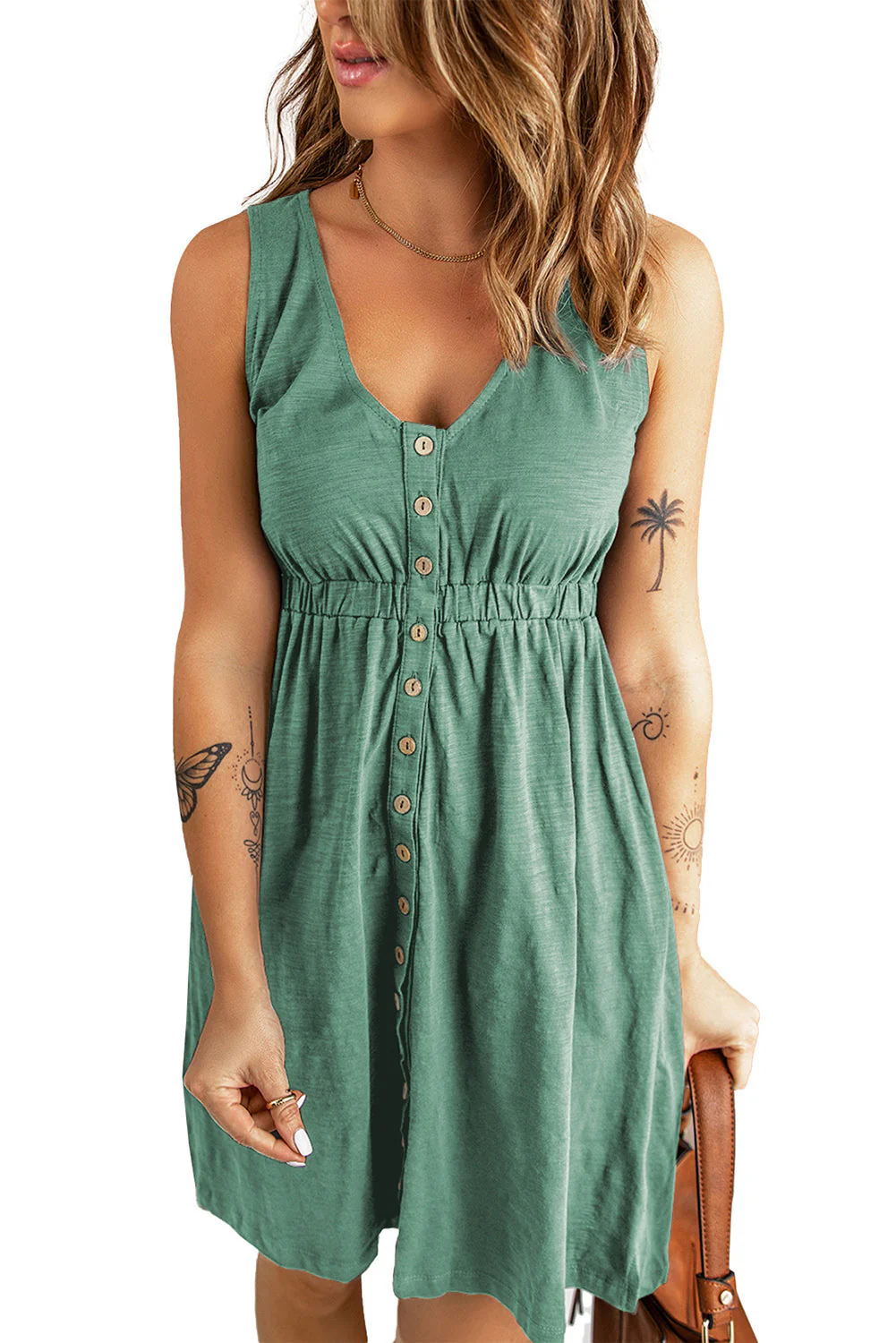 Women's Dress - Sleeveless - Button Closure - V-neck - Elastic Waist - Casual Fit - Image 15