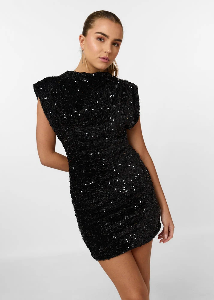 Women's Mini Dress - Sequin Design - High Neckline - Padded Shoulders - Slim Fit Partywear - Image 2