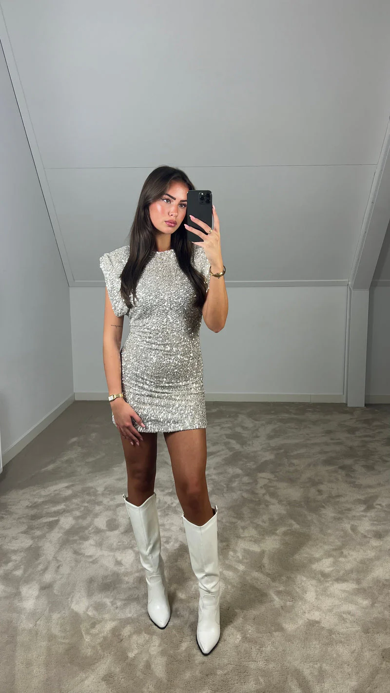 Women's Mini Dress - Sequin Design - High Neckline - Padded Shoulders - Slim Fit Partywear - Image 5
