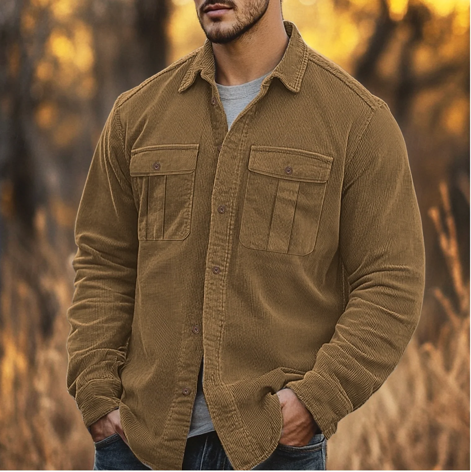 Men's Shirt – Corduroy – Regular Fit – Long Sleeves – Sewn-On Chest Pockets - Image 2
