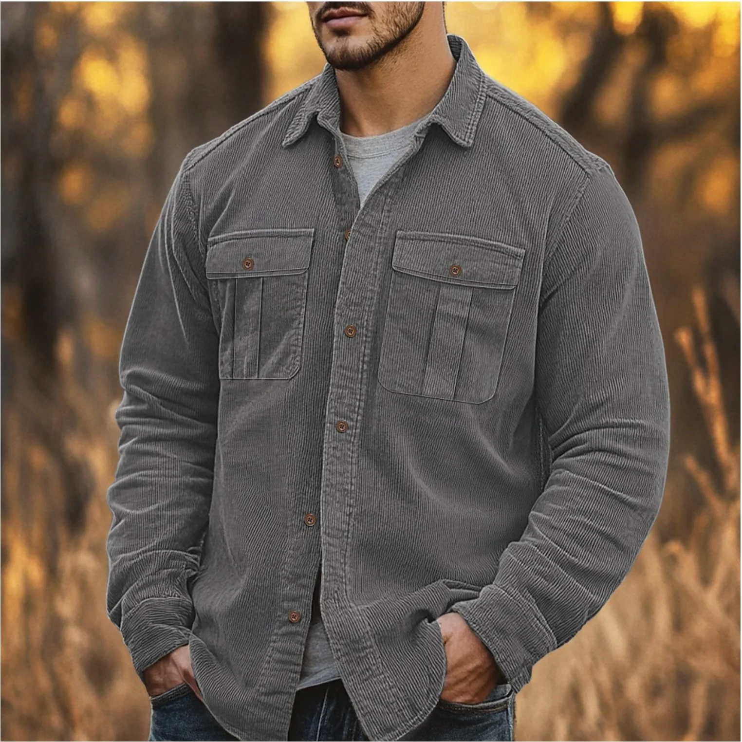 Men's Shirt – Corduroy – Regular Fit – Long Sleeves – Sewn-On Chest Pockets - Image 3