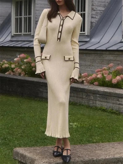 Women's Dress - Ribbed Midi Model - Bodycon Fit - Long Sleeves - Elegant Details - Image 4