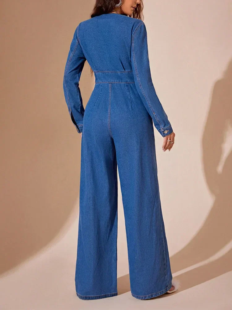 Women's Jumpsuit – Denim – Deep V-Neck – Long Sleeves – Wide Legs – Tailored Fit - Image 2