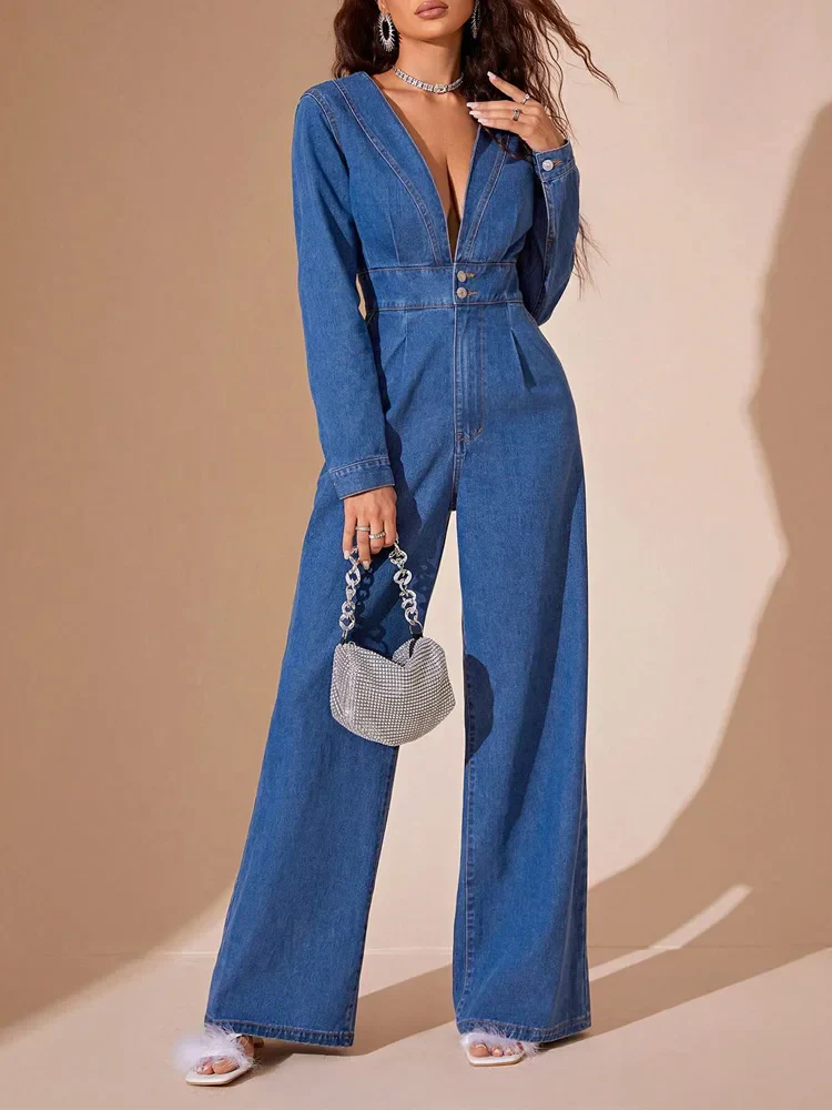 Women's Jumpsuit – Denim – Deep V-Neck – Long Sleeves – Wide Legs – Tailored Fit - Image 3