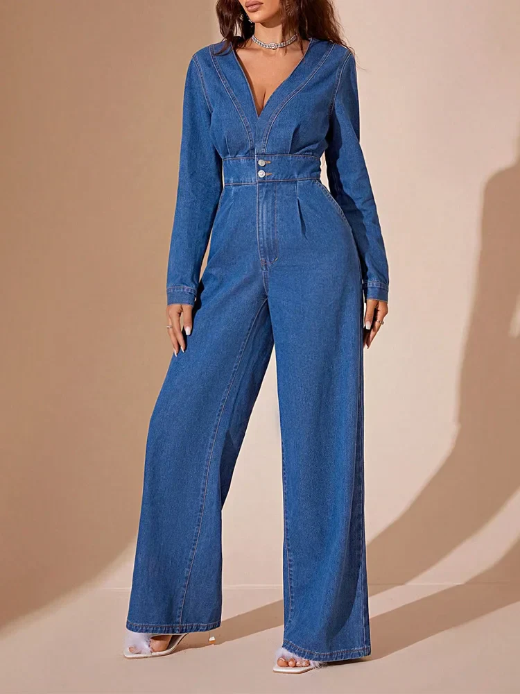 Women's Jumpsuit – Denim – Deep V-Neck – Long Sleeves – Wide Legs – Tailored Fit - Image 4
