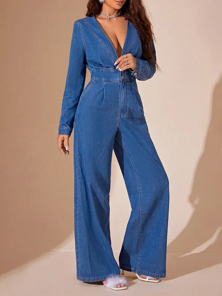 Women's Jumpsuit – Denim – Deep V-Neck – Long Sleeves – Wide Legs – Tailored Fit - Image 5