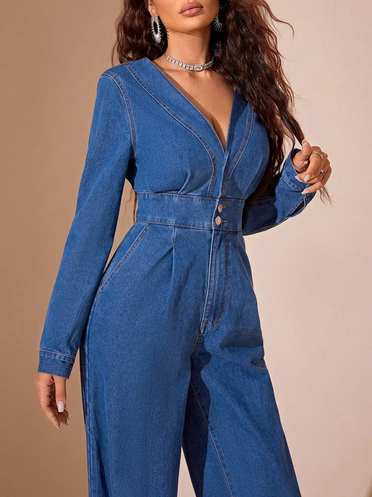 Women's Jumpsuit – Denim – Deep V-Neck – Long Sleeves – Wide Legs – Tailored Fit - Image 6