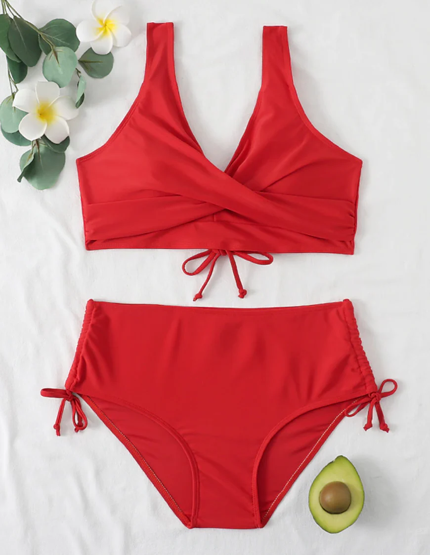 Women's Bikini Set – Wrap Top with V-Neck – High Waist – Adjustable Ruched Side - Image 2