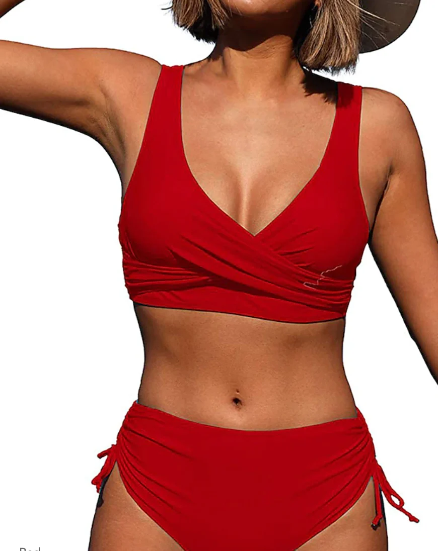 Women's Bikini Set – Wrap Top with V-Neck – High Waist – Adjustable Ruched Side - Image 3