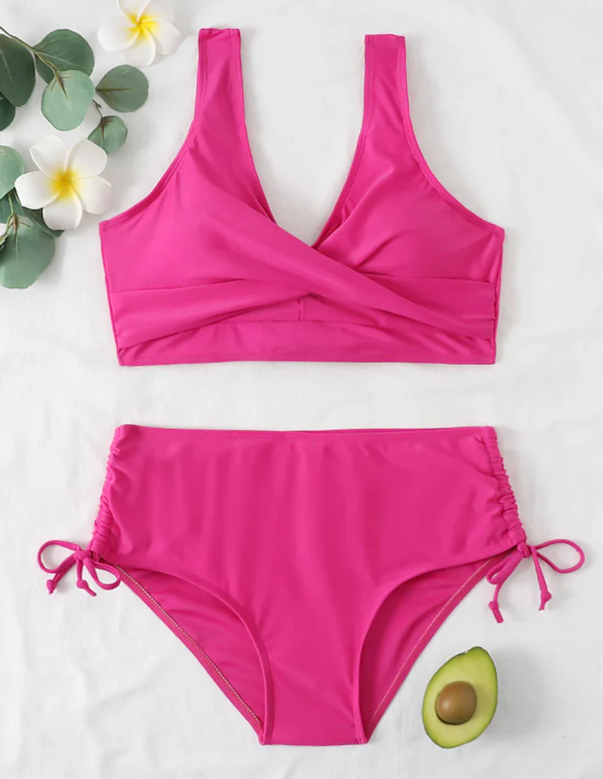 Women's Bikini Set – Wrap Top with V-Neck – High Waist – Adjustable Ruched Side - Image 4