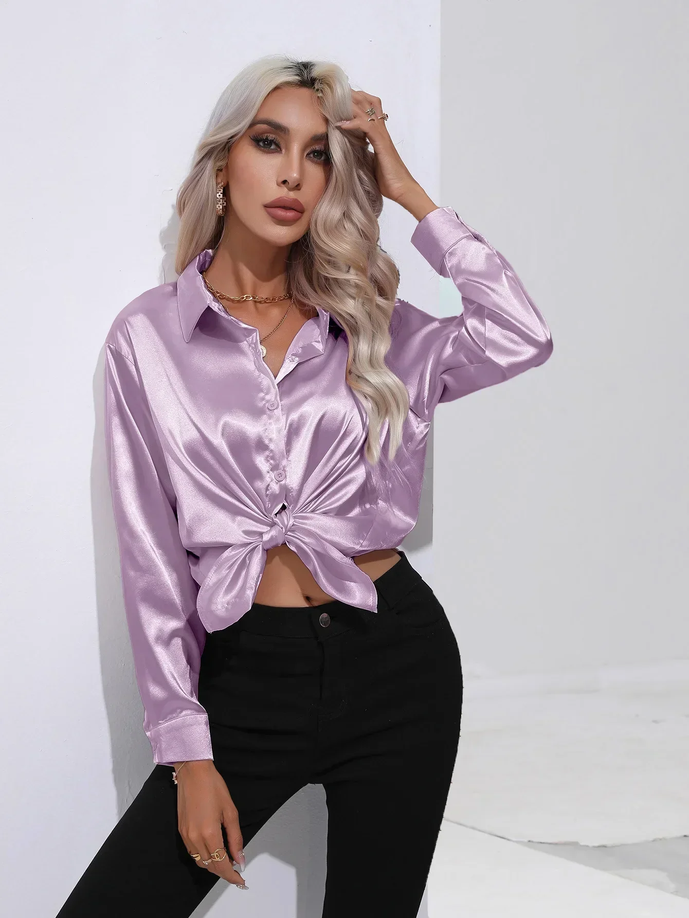 Women's Blouse - Satin - Relaxed Fit - Long Sleeves - Classic Button Closure - Image 10