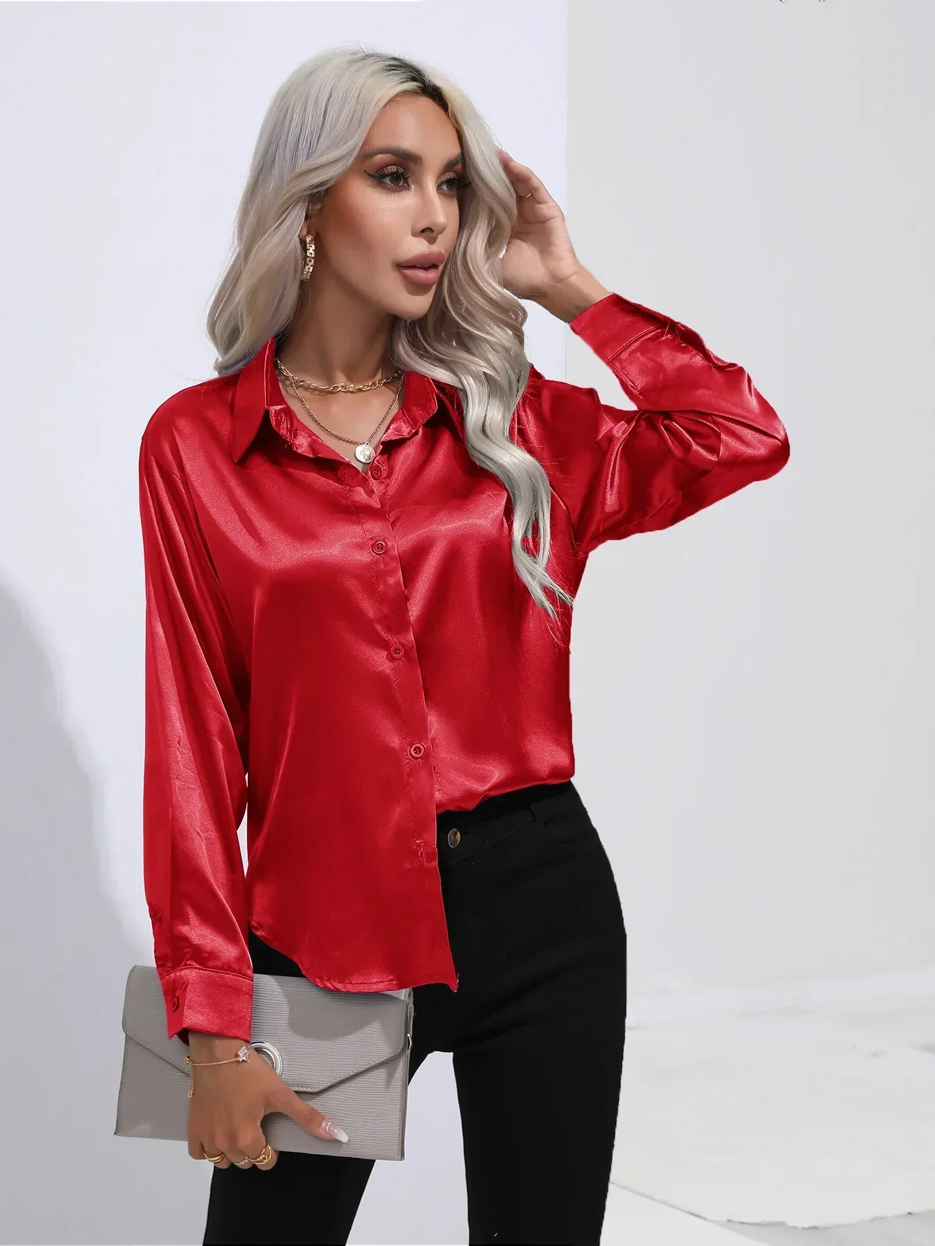 Women's Blouse - Satin - Relaxed Fit - Long Sleeves - Classic Button Closure - Image 11