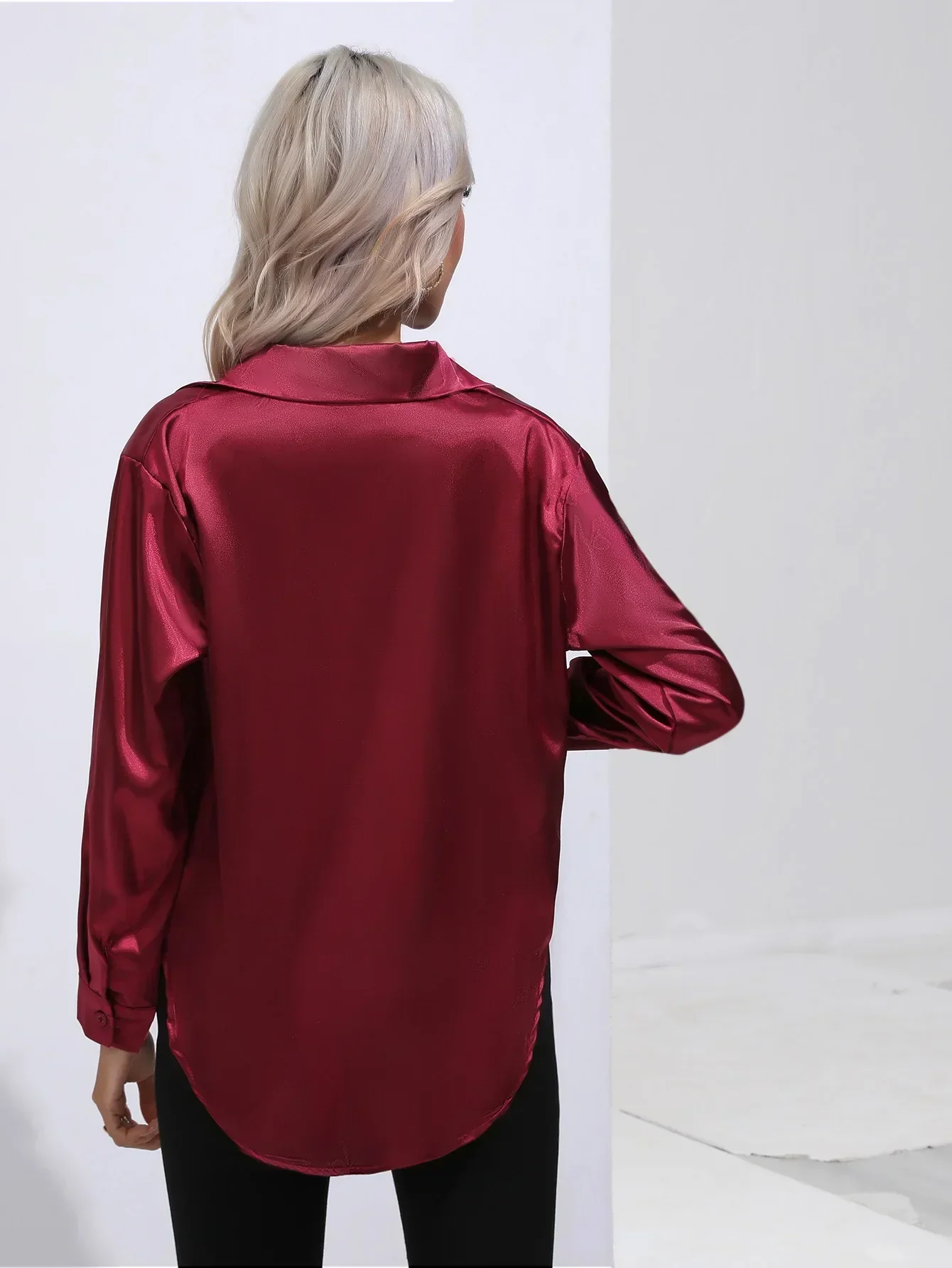 Women's Blouse - Satin - Relaxed Fit - Long Sleeves - Classic Button Closure - Image 16