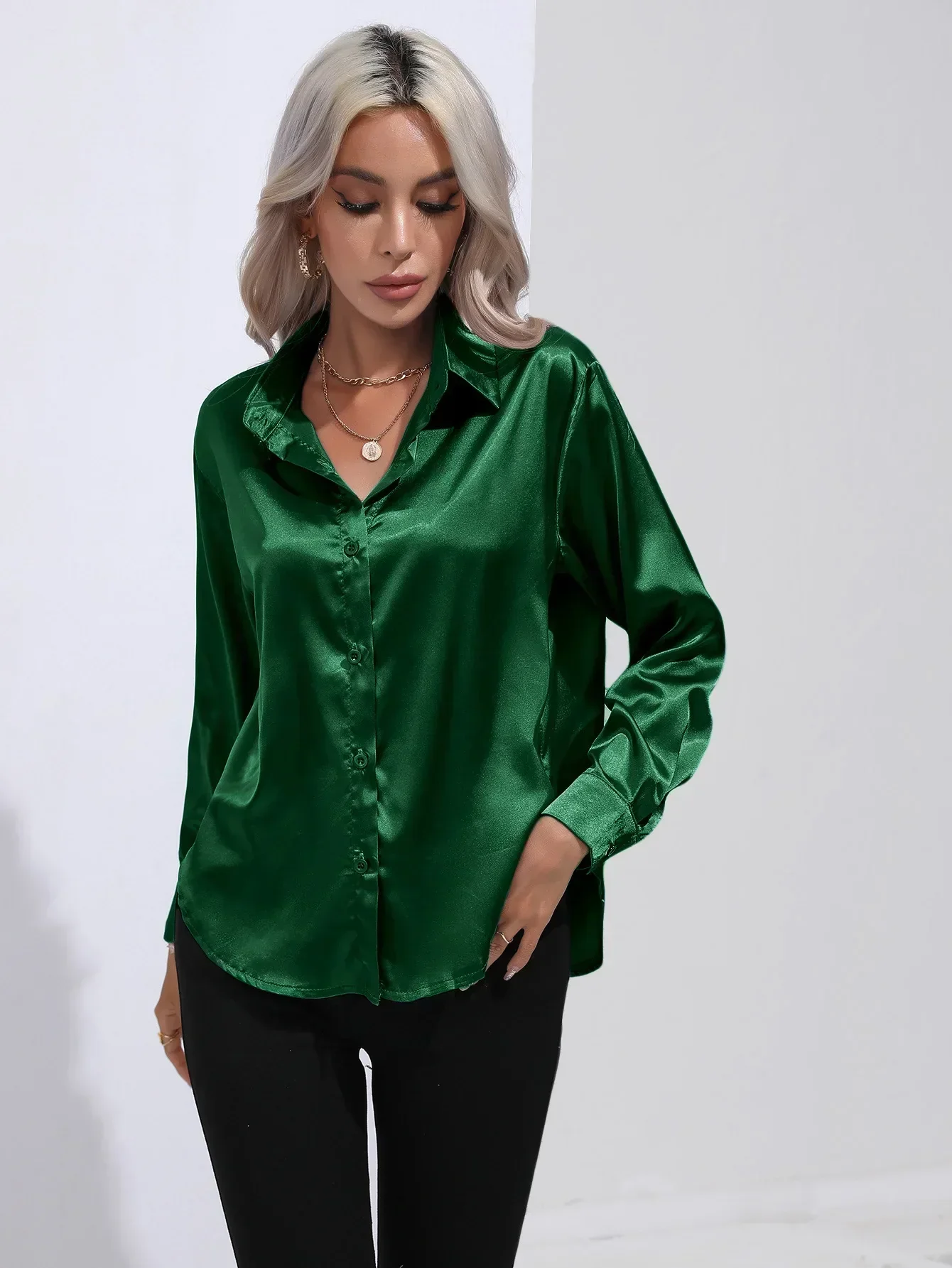 Women's Blouse - Satin - Relaxed Fit - Long Sleeves - Classic Button Closure - Image 17