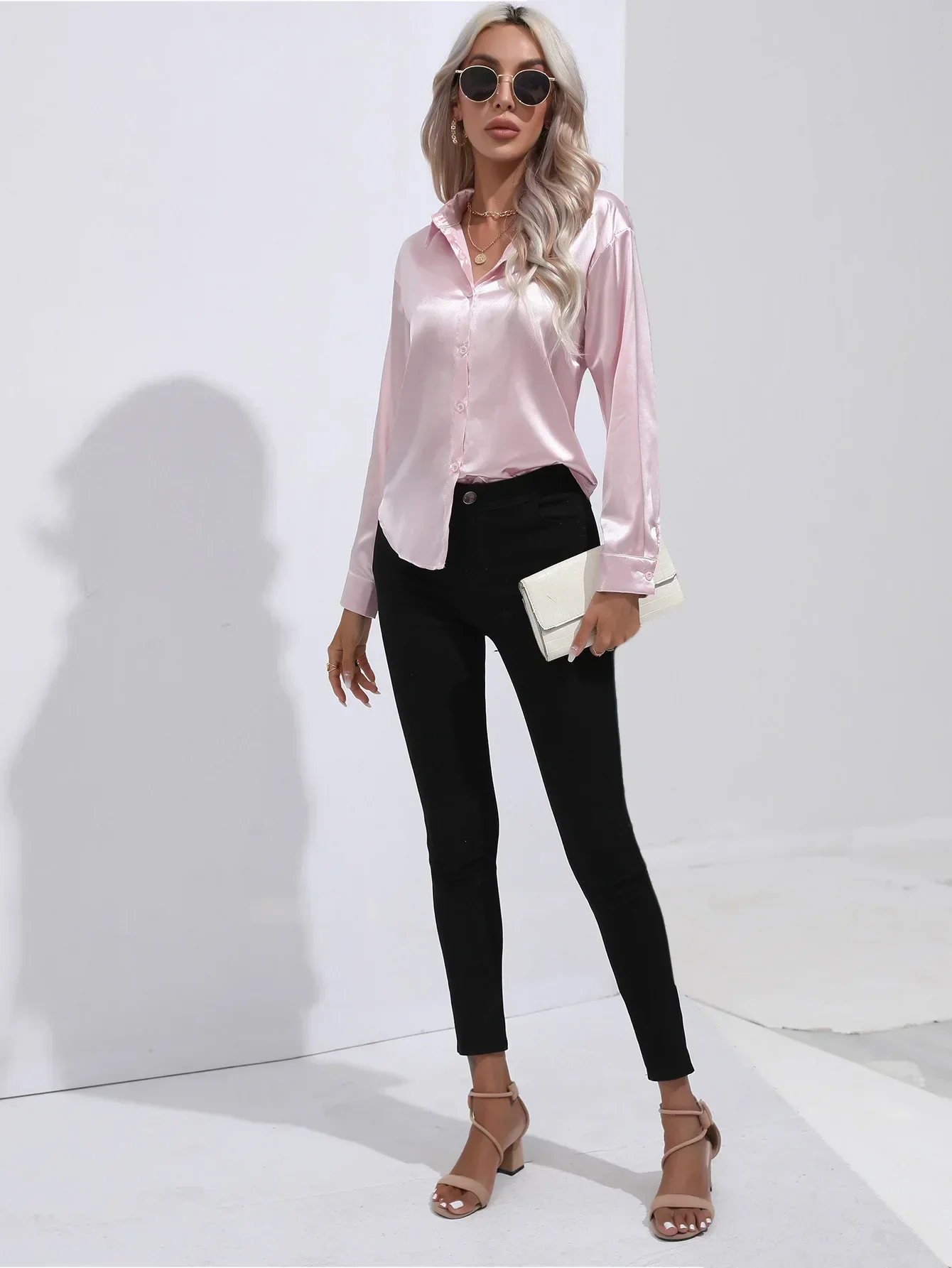 Women's Blouse - Satin - Relaxed Fit - Long Sleeves - Classic Button Closure - Image 2