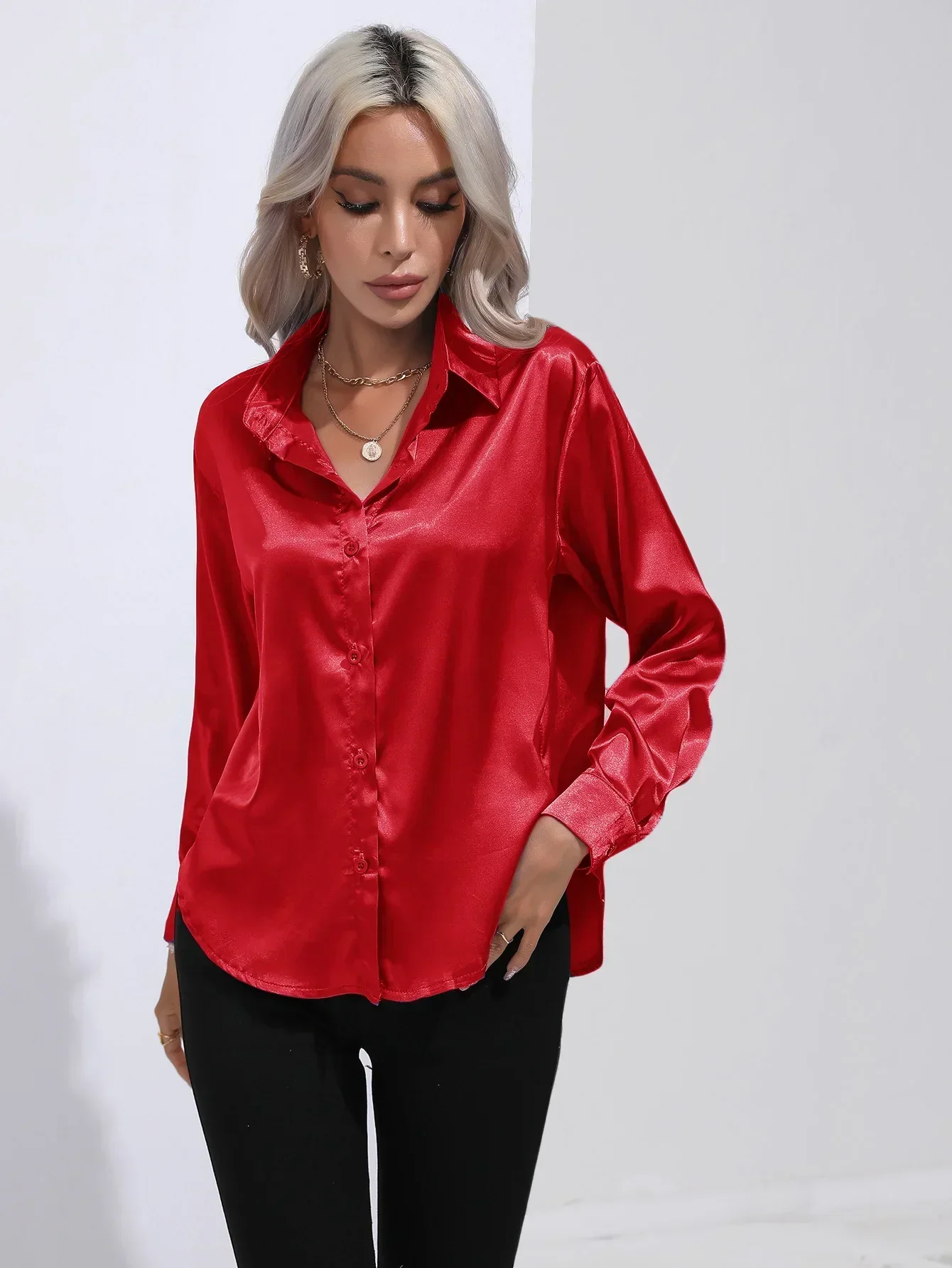 Women's Blouse - Satin - Relaxed Fit - Long Sleeves - Classic Button Closure - Image 20